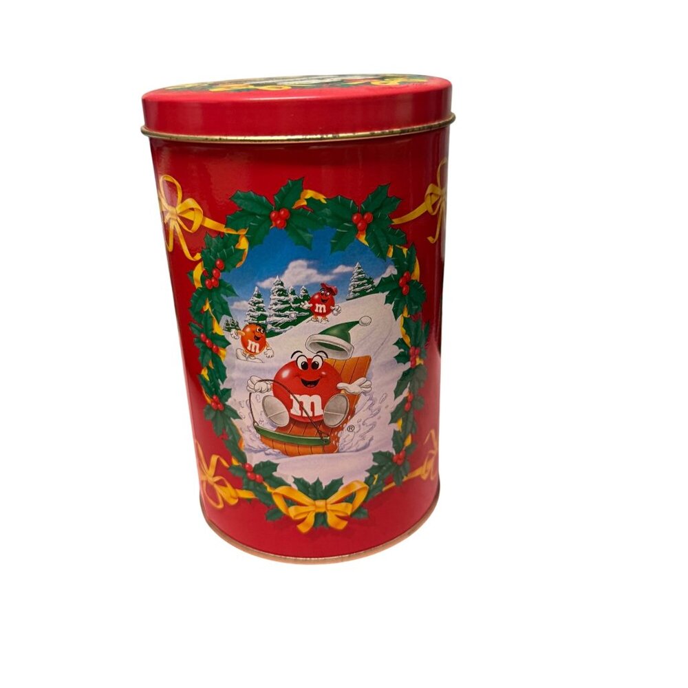 M&Ms 1993 Christmas Tin Collectible Red Holiday Design With Holly & Bow